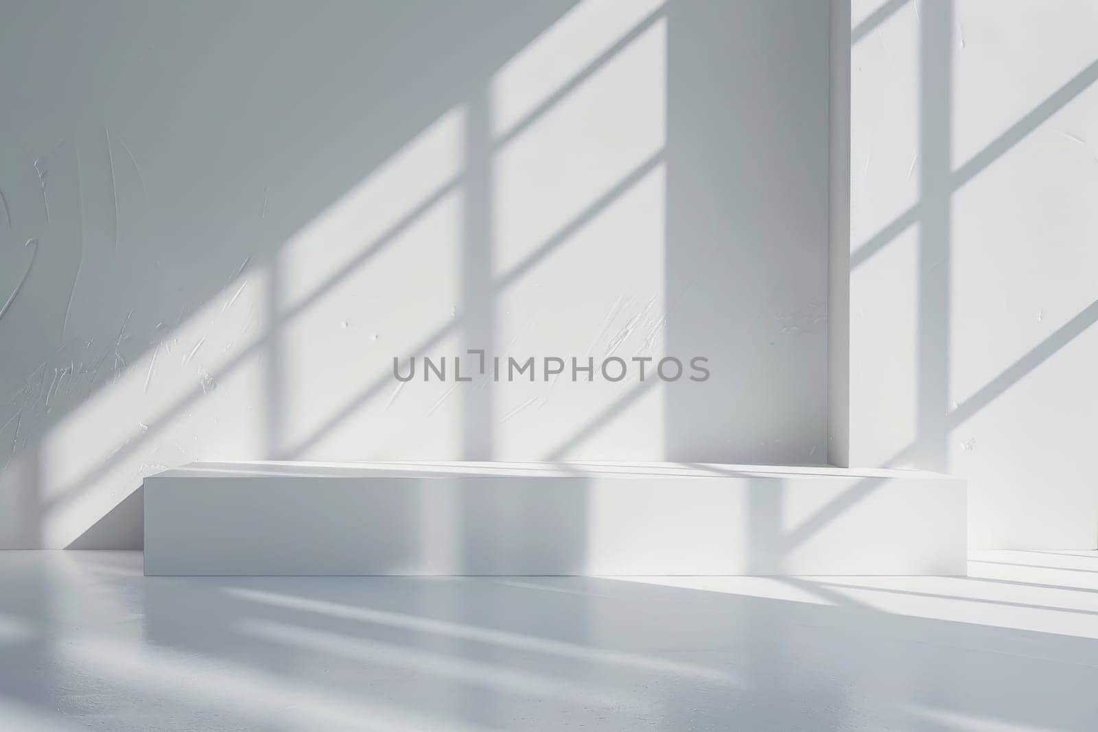 A white room with a white bench and a white wall by itchaznong