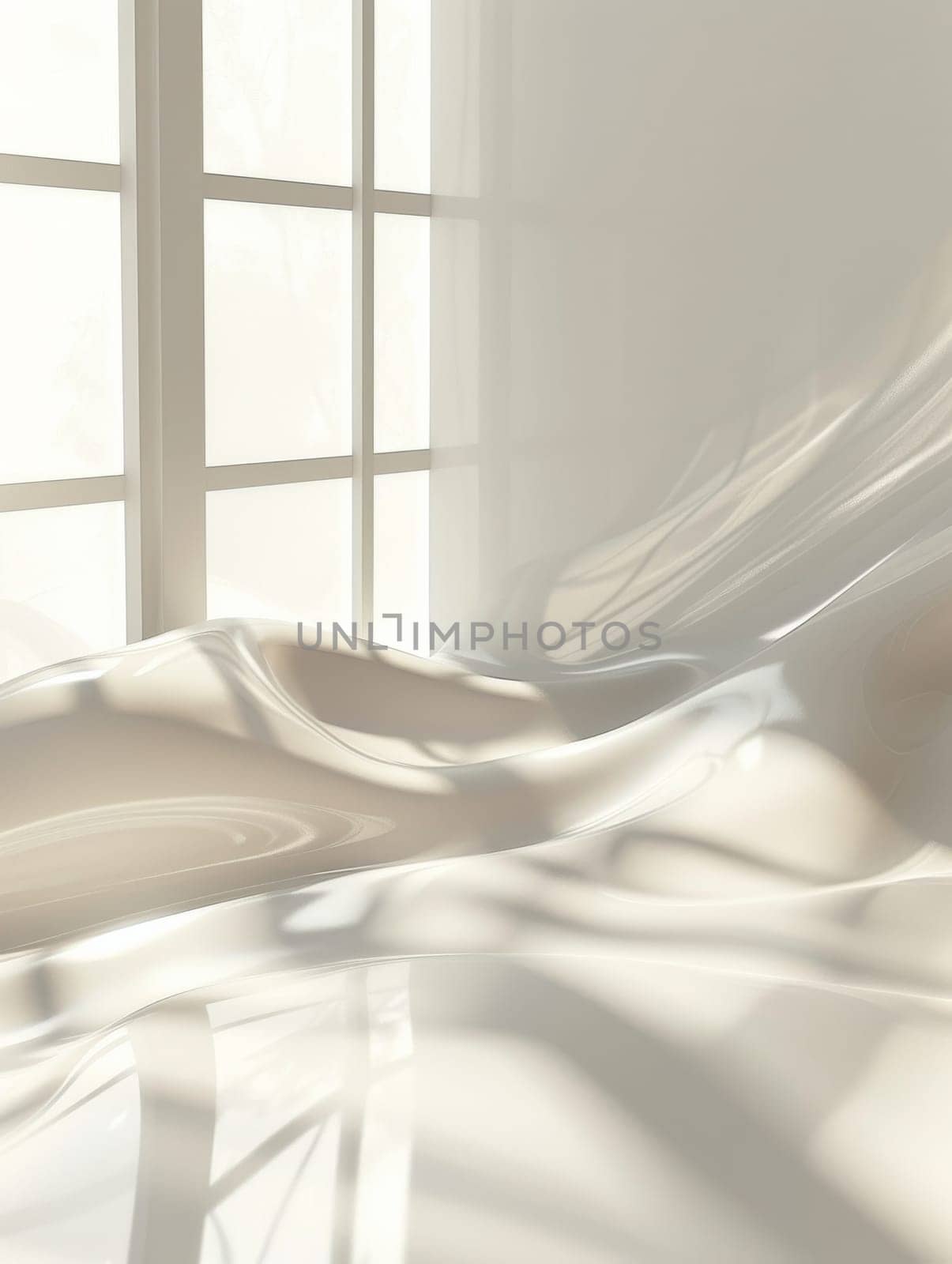 A white sheet of plastic is draped over a chair. The sheet is shiny and reflective, and the chair is positioned in front of a window. The scene is serene and peaceful