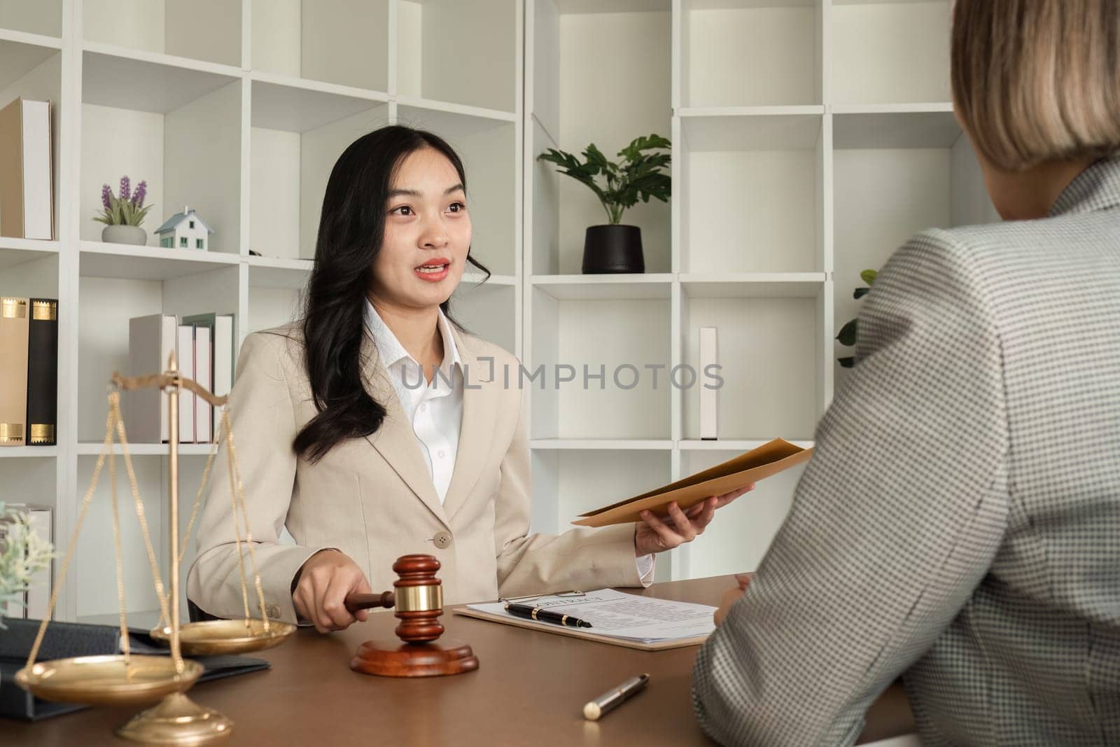 A young lawyer and businesswoman are discussing legal advice on signing a business contract. Insurance or financial contract signing.