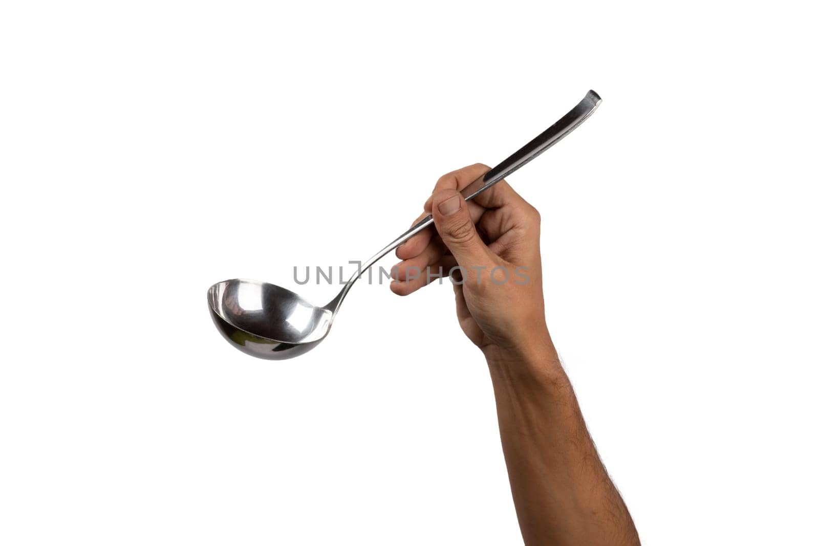 Black male hand holding a silver kitchen ladle isolated white background by TropicalNinjaStudio