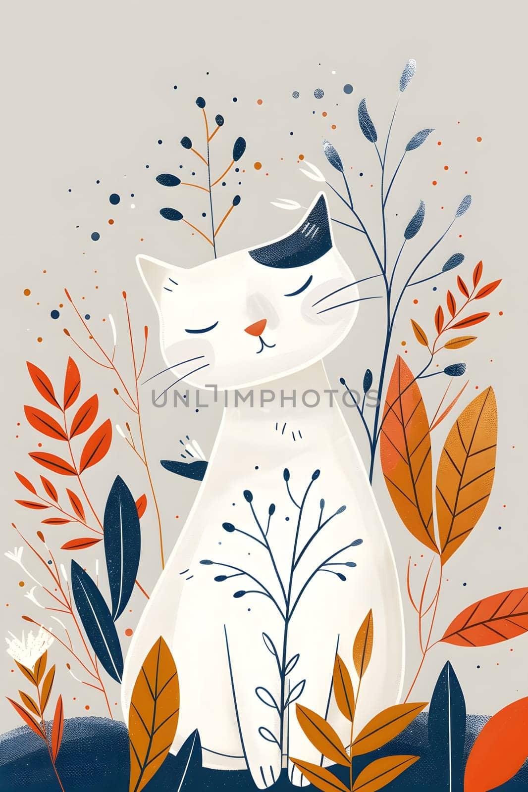 A white cat peacefully rests among leaves in a field by Nadtochiy