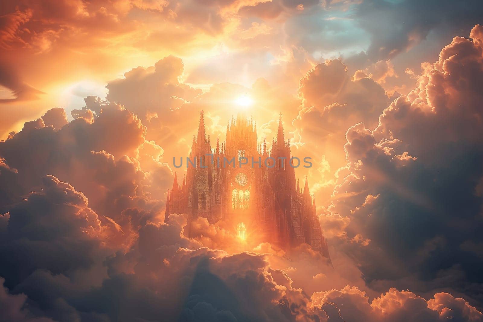 A castle is seen in the clouds with the sun shining on it. The castle is surrounded by fog and the sky is cloudy