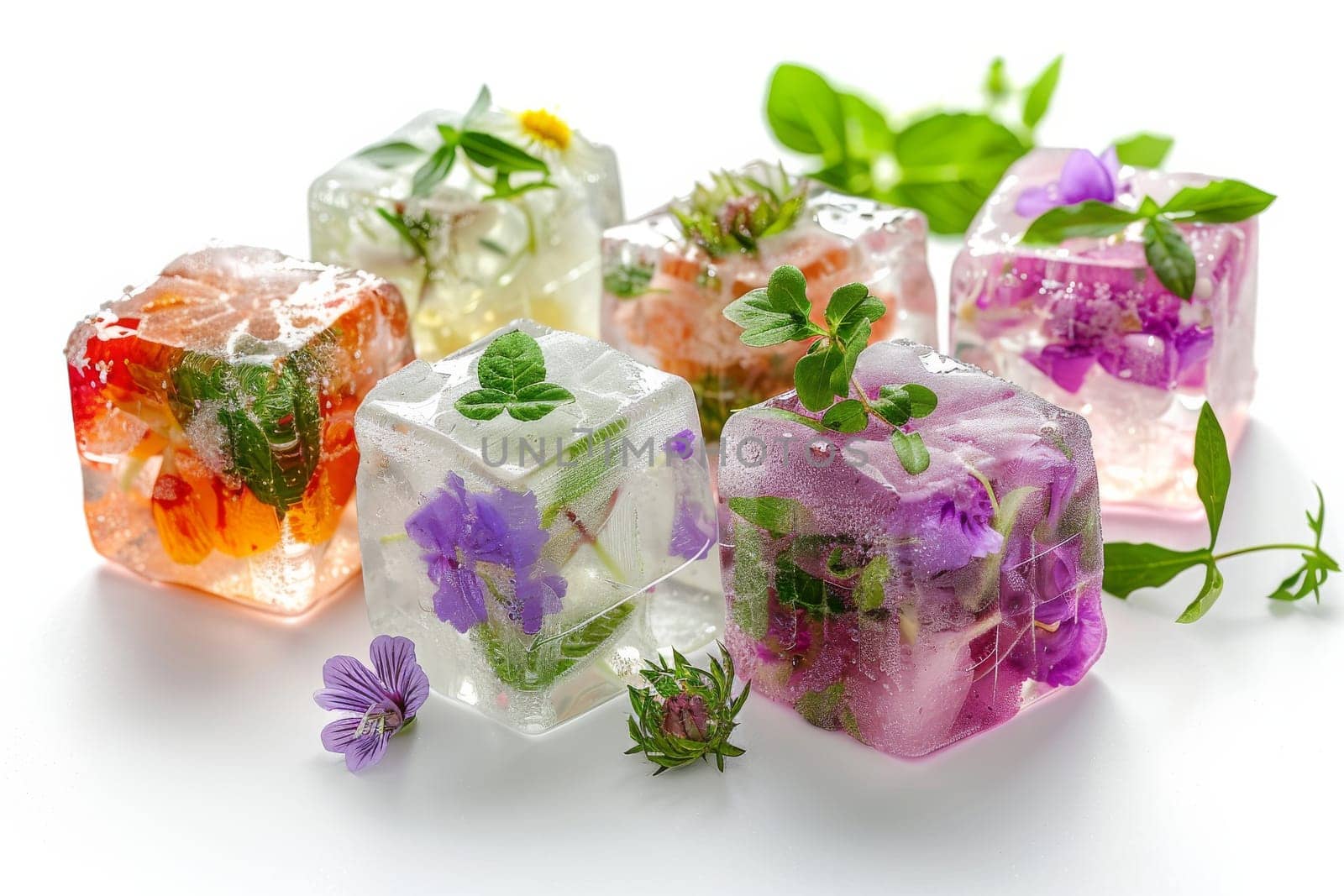 A close up of a table with a bunch of ice cubes and flowers. The flowers are purple and green