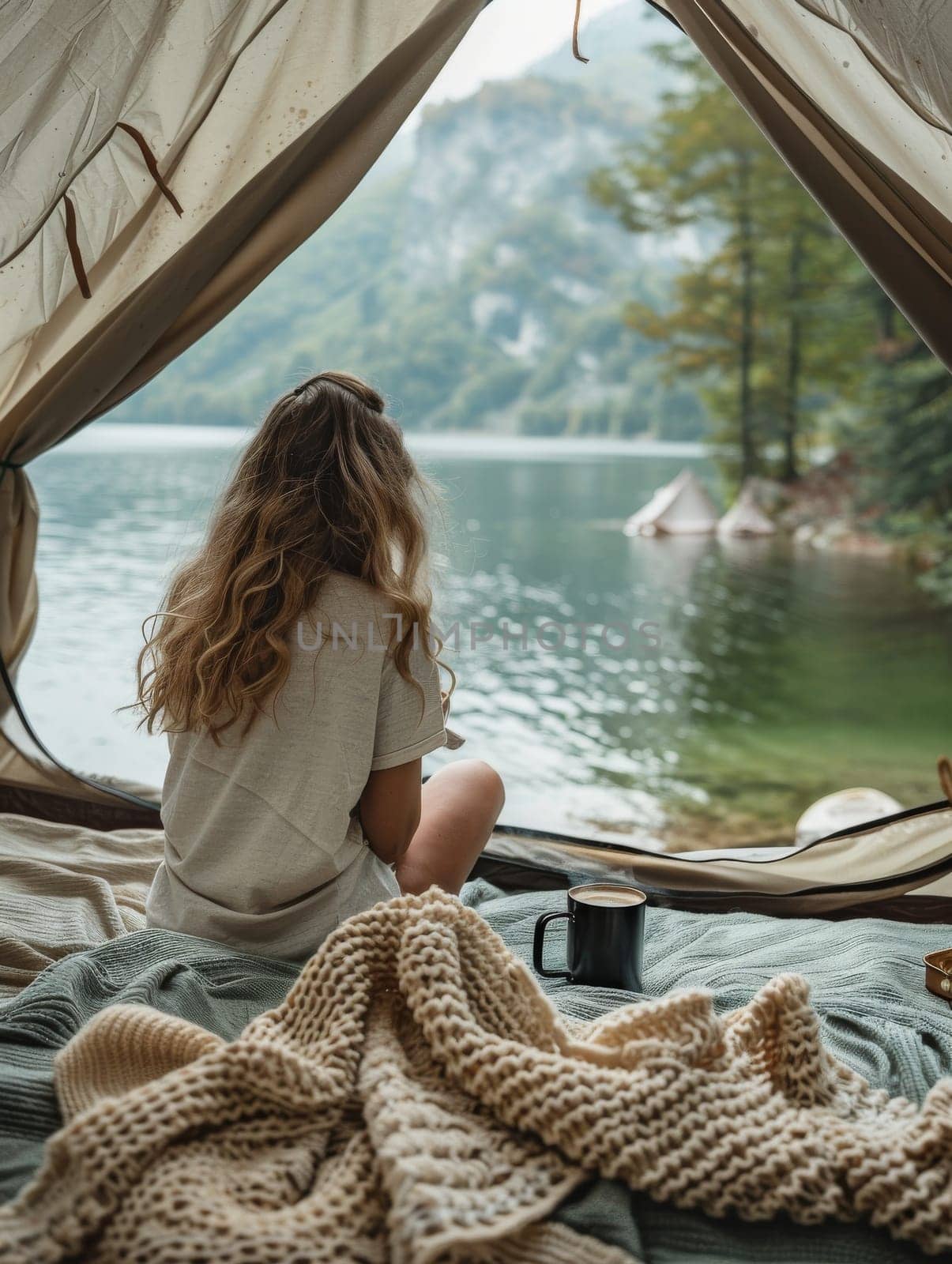A woman is sitting in a tent by a lake, holding a cup of coffee. Concept of relaxation and tranquility, as the woman enjoys her coffee in a peaceful outdoor setting