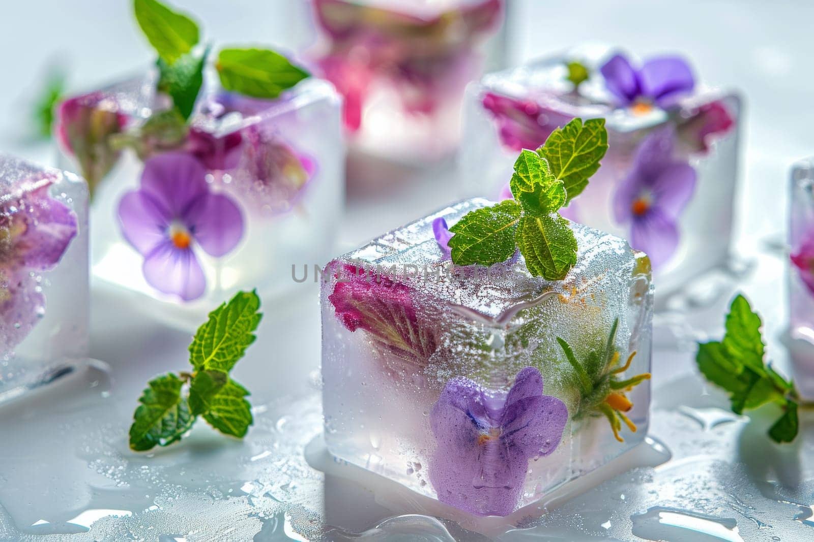 A close up of a table with a bunch of ice cubes and flowers. edible flower by itchaznong