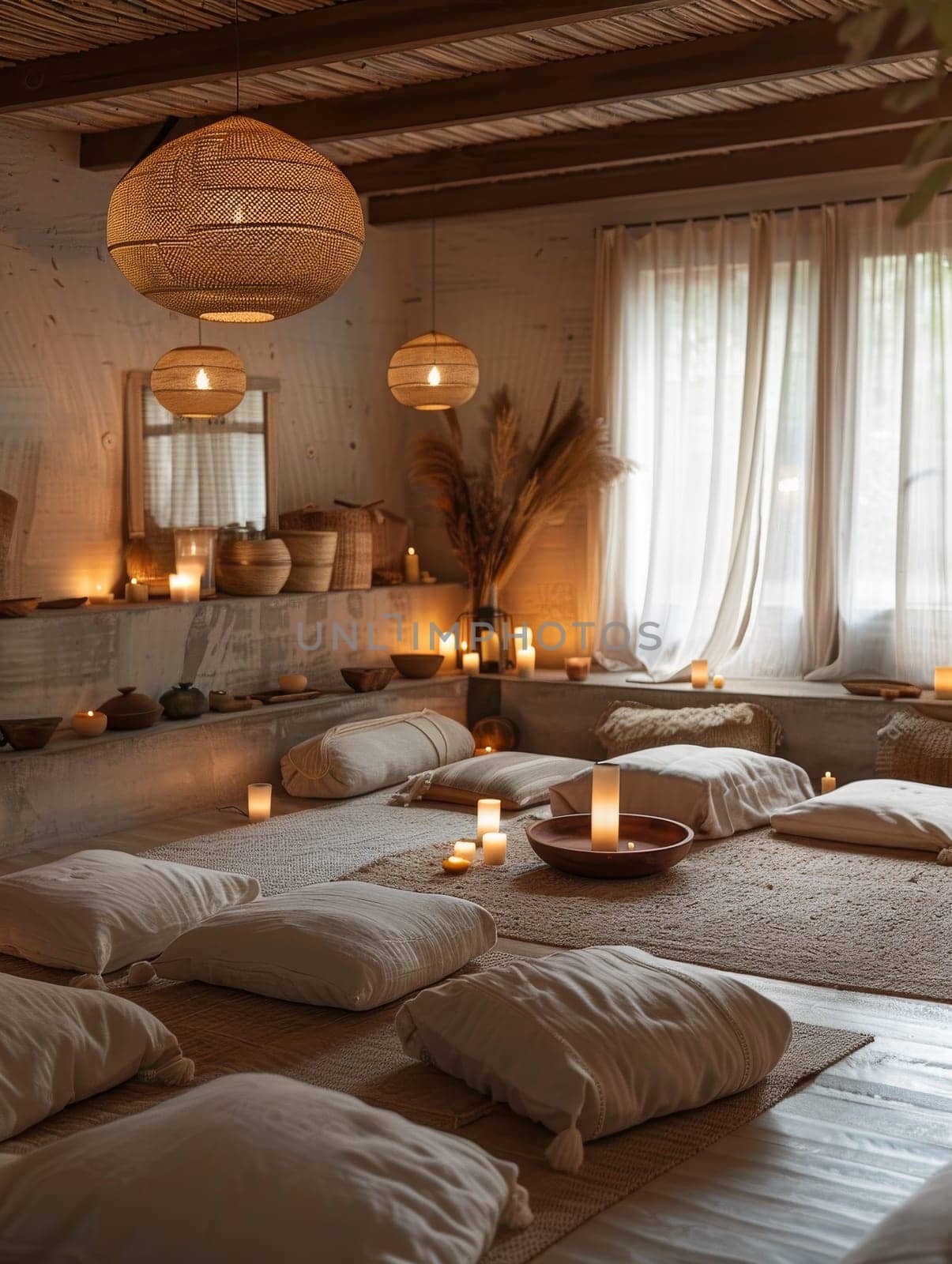 A room with a rug and pillows, lit with candles and lamps. The room has a warm and cozy atmosphere
