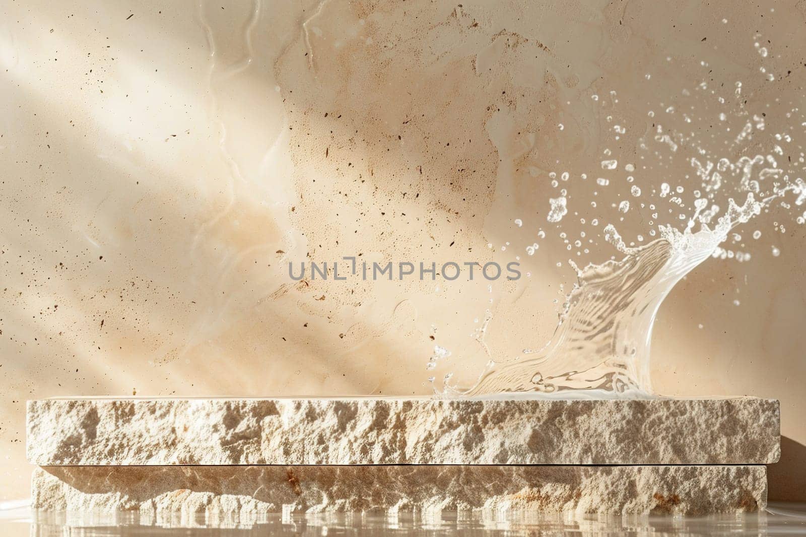 Elegant podium with a splash of water against a marbled backdrop, ideal for presenting eco-friendly products or organic cosmetics in a serene setting. Generative AI. by creativebird