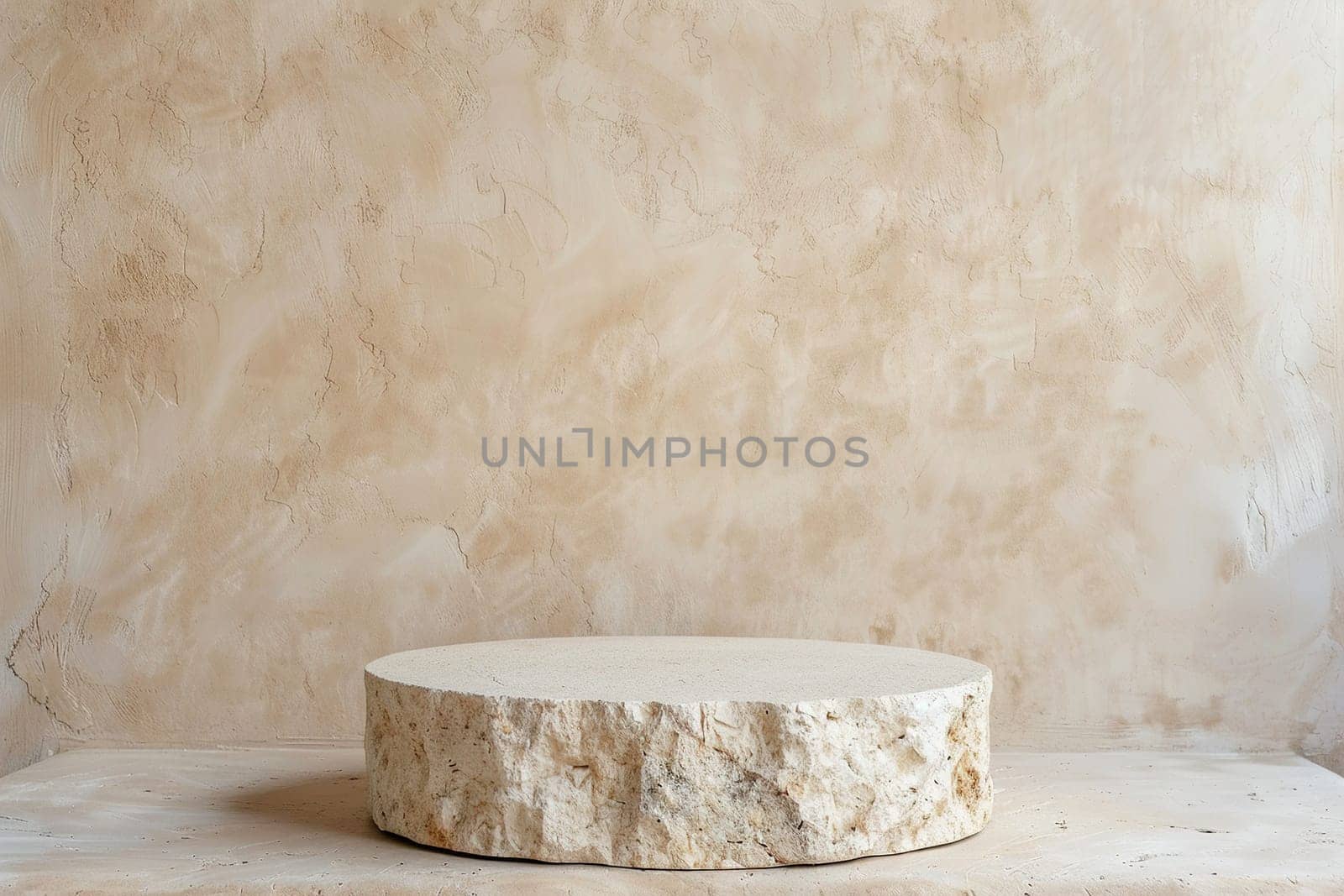 Minimalistic beige stone podium. Mock up for product, cosmetic presentation. Pedestal, platform for beauty products. Empty scene. Stage, display, showcase. Podium with copy space. Generative AI. by creativebird