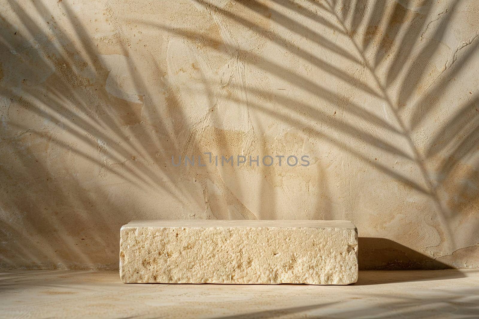 Beige stone podium with palm leaves shadows. Mock up for product, cosmetic presentation. Pedestal, platform for beauty products. Empty scene. Stage, display, showcase. Copy space. Generative AI. by creativebird