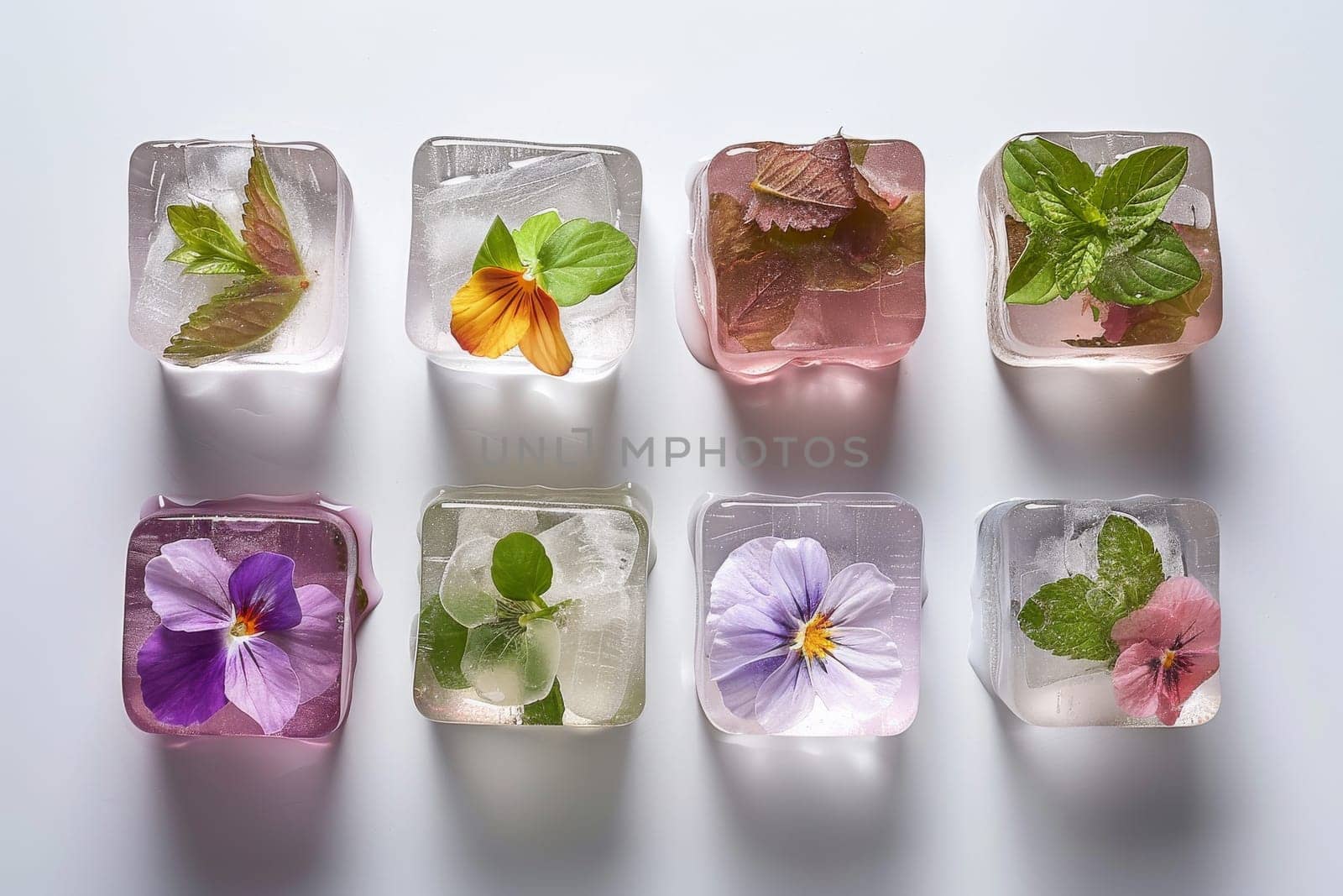 A close up of a table with a bunch of ice cubes and flowers. The flowers are purple and green