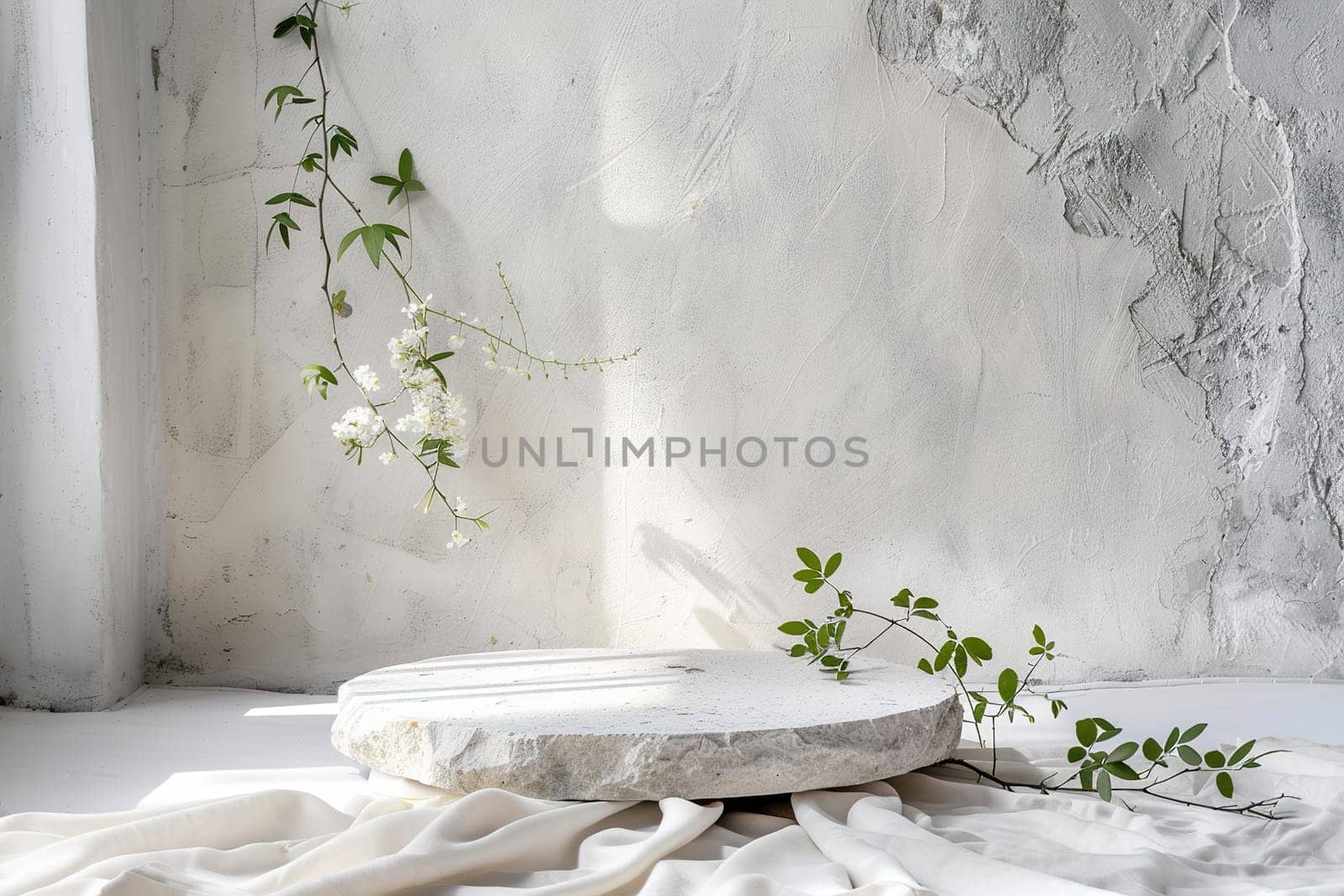 Minimalistic white stone podium with plants. Mock up for product, cosmetic presentation. Pedestal, platform for beauty products. Empty scene. Stage, display, showcase. Nordic style. Generative AI. by creativebird