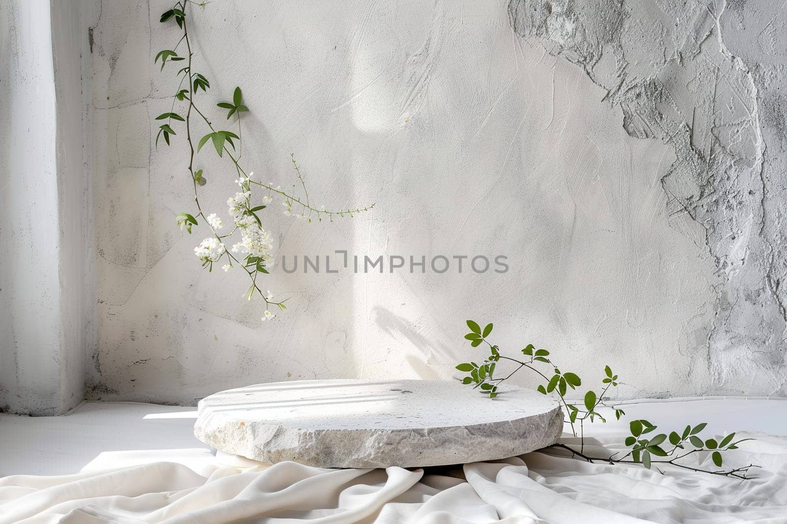 Minimalistic white stone podium with plants. Mock up for product, cosmetic presentation. Pedestal, platform for beauty products. Empty scene. Stage, display, showcase. Nordic style. Generative AI