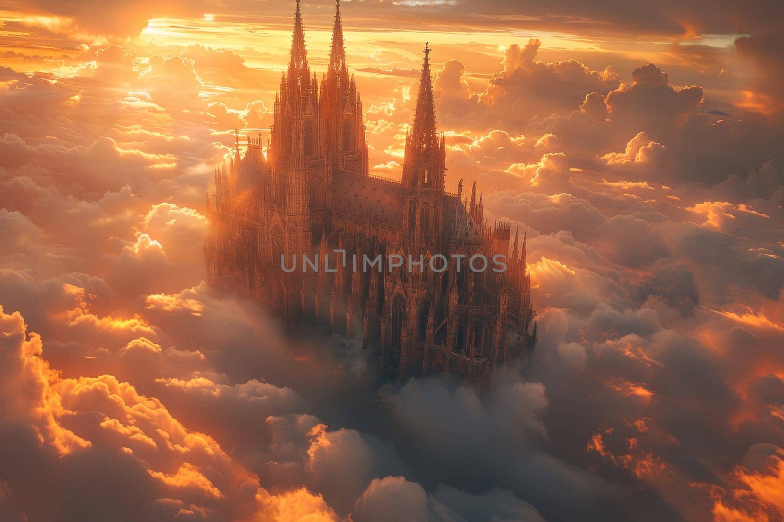 A castle is seen in the clouds with the sun shining on it by itchaznong