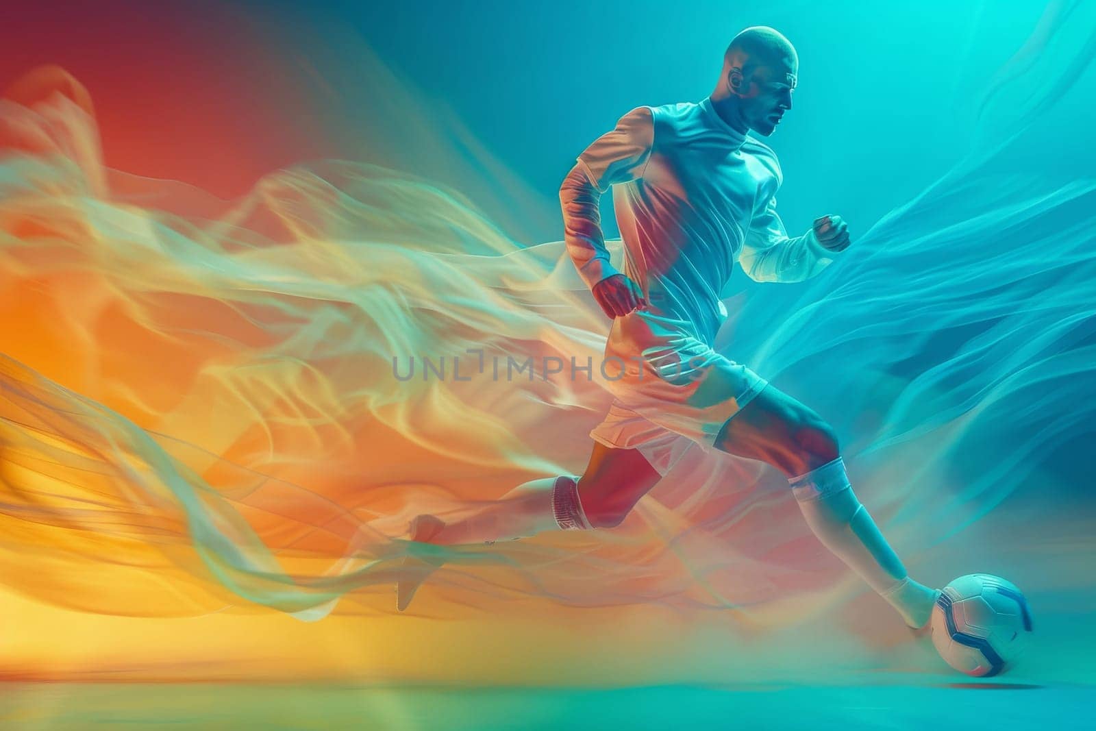 A soccer player is kicking a ball on a field with a blue and orange background by itchaznong