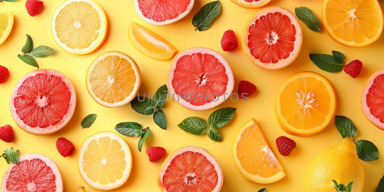 A yellow background with a variety of fruits including oranges, kiwis, strawberries, and grapes