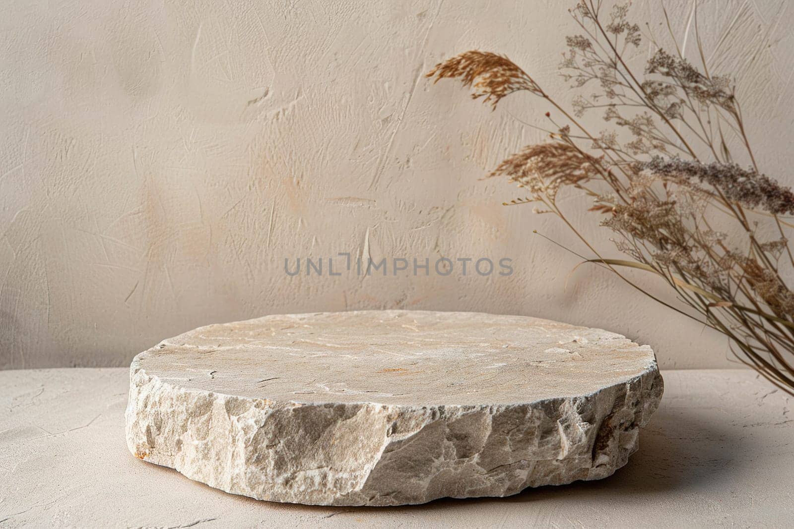 Minimalistic beige stone podium with dried plants. Mock up for product, cosmetic presentation. Pedestal, platform for beauty products. Empty scene. Stage, display, showcase. Copy space. Generative AI. by creativebird
