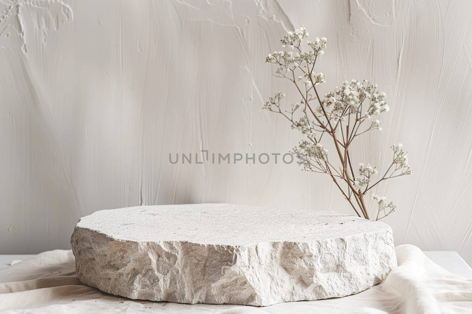 Minimalistic white stone podium with plants. Mock up for product, cosmetic presentation. Pedestal, platform for beauty products. Empty scene. Stage, display, showcase. Nordic style. Generative AI. by creativebird