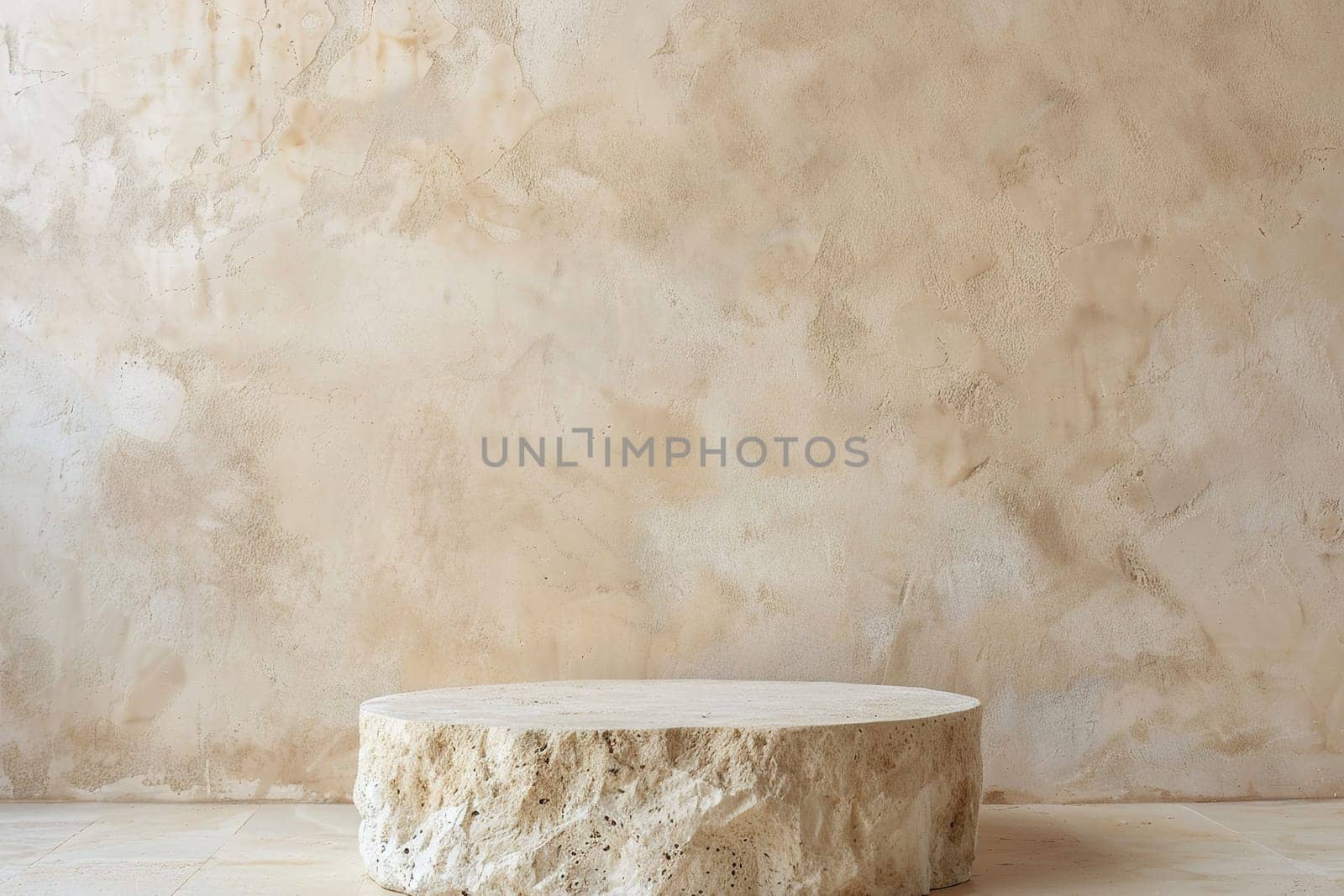 Minimalistic beige stone podium. Mock up for product, cosmetic presentation. Pedestal, platform for beauty products. Empty scene. Stage, display, showcase. Podium with copy space. Generative AI