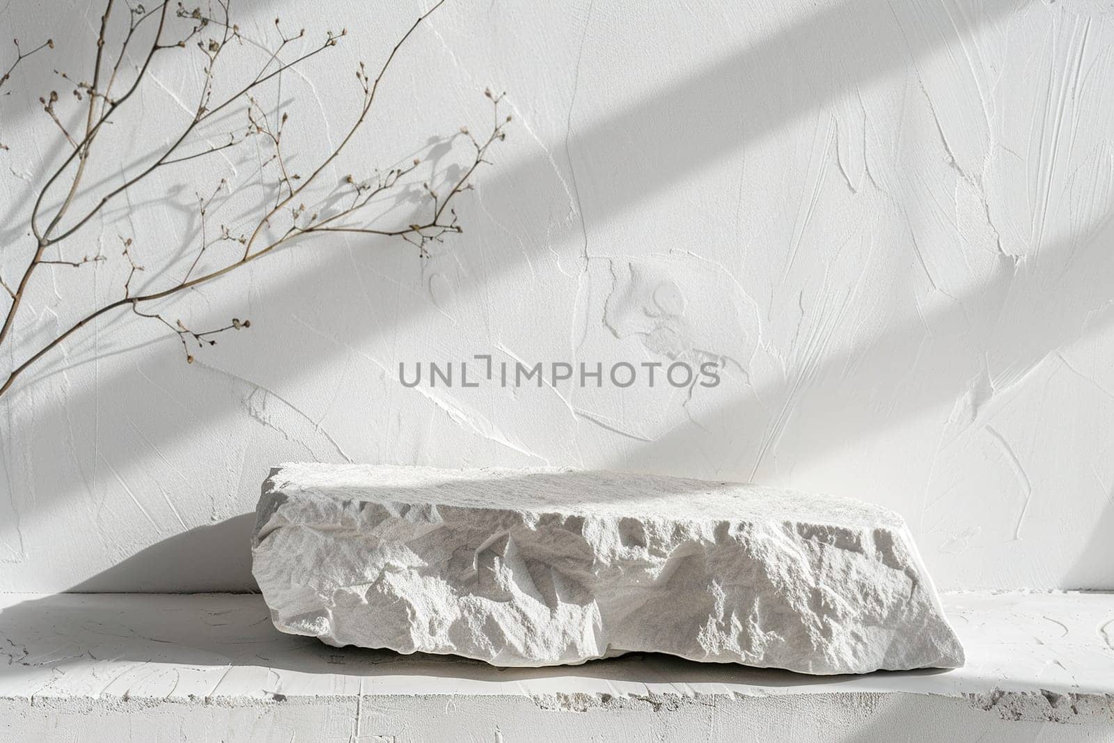 A serene, Nordic-style podium composition with textured branches casting delicate shadows, ideal for modern product showcases, minimalist ads, and elegant displays. Generative AI