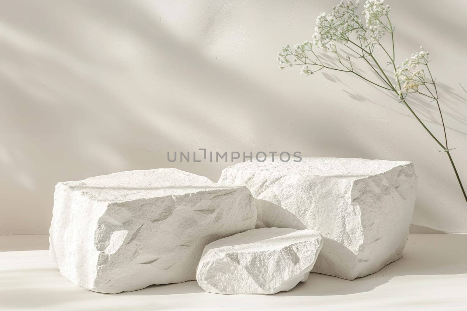 Minimalist Nordic design podium with soft shadows and a sprig of flowers, perfect for product display, interior design elements, or calm natural themes. Generative AI
