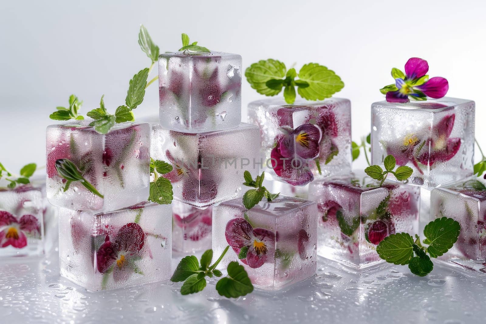 A close up of a table with a bunch of ice cubes and flowers. edible flower by itchaznong