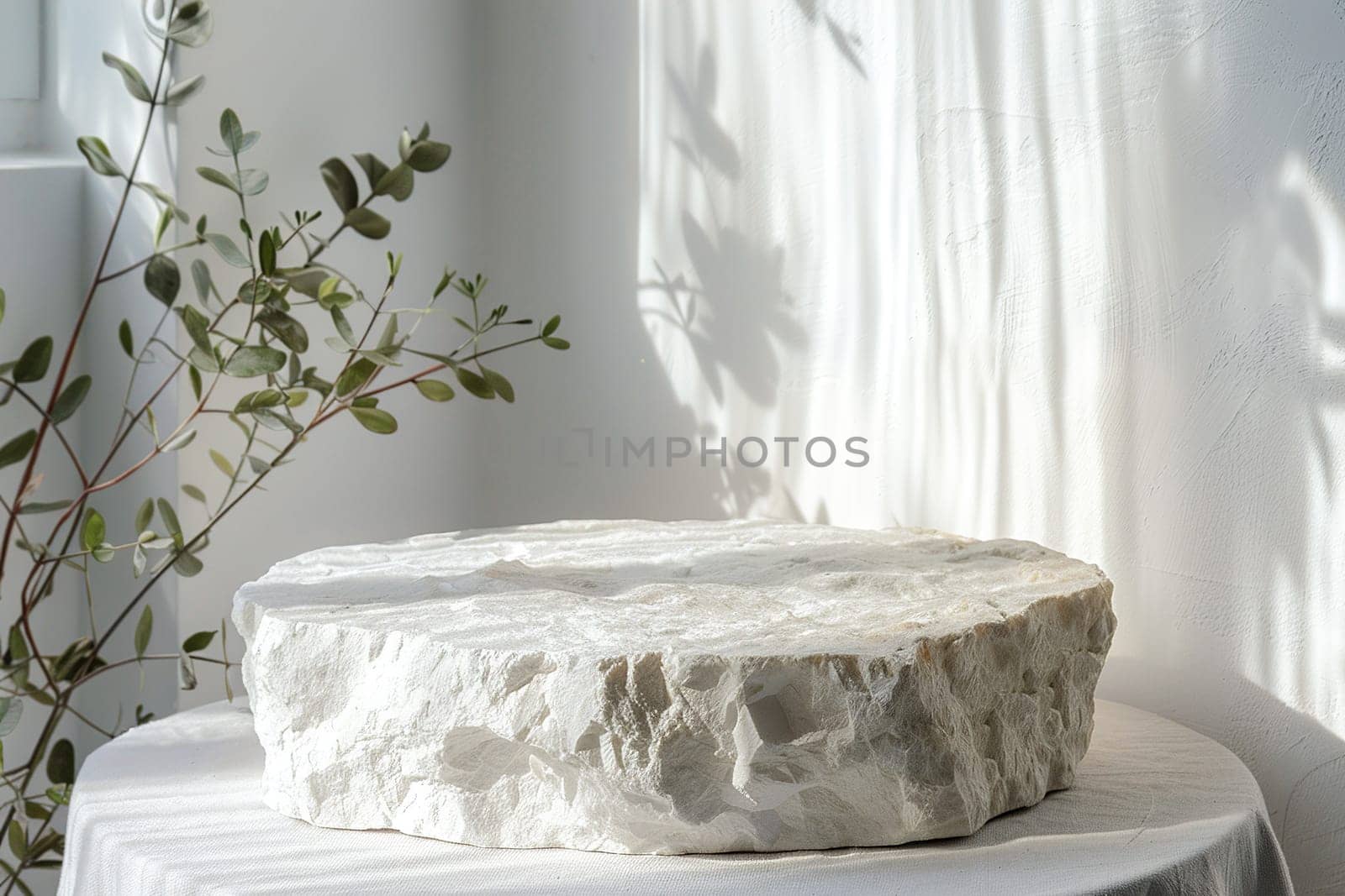 Minimalistic white stone podium with plants. Mock up for product, cosmetic presentation. Pedestal, platform for beauty products. Empty scene. Stage, display, showcase. Nordic style. Generative AI