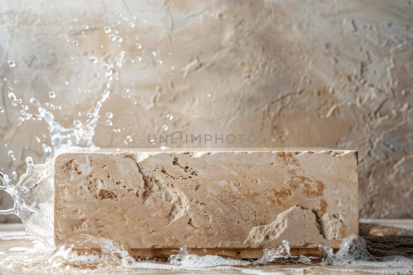 Beige stone podium with water splashes. Mockup for product, cosmetic presentation. Pedestal, platform for beauty products. Empty scene. Stage, display, showcase. Podium with copy space. Generative AI. by creativebird
