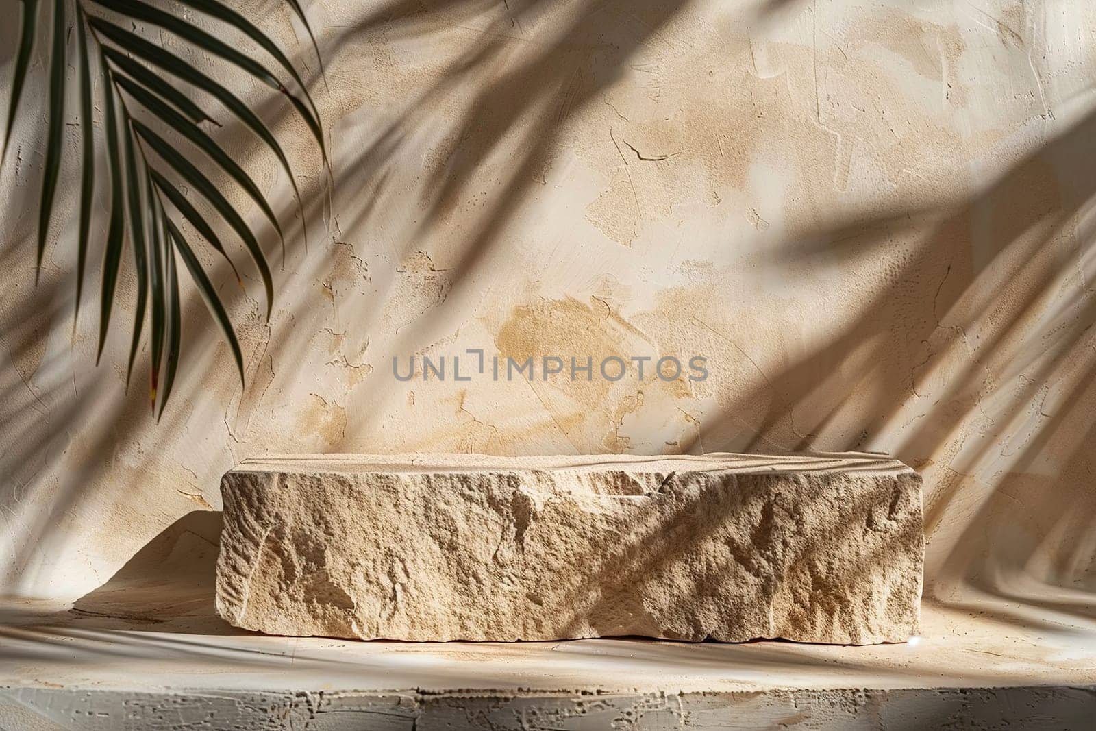 Beige stone podium with palm leaves shadows. Mock up for product, cosmetic presentation. Pedestal, platform for beauty products. Empty scene. Stage, display, showcase. Copy space. Generative AI