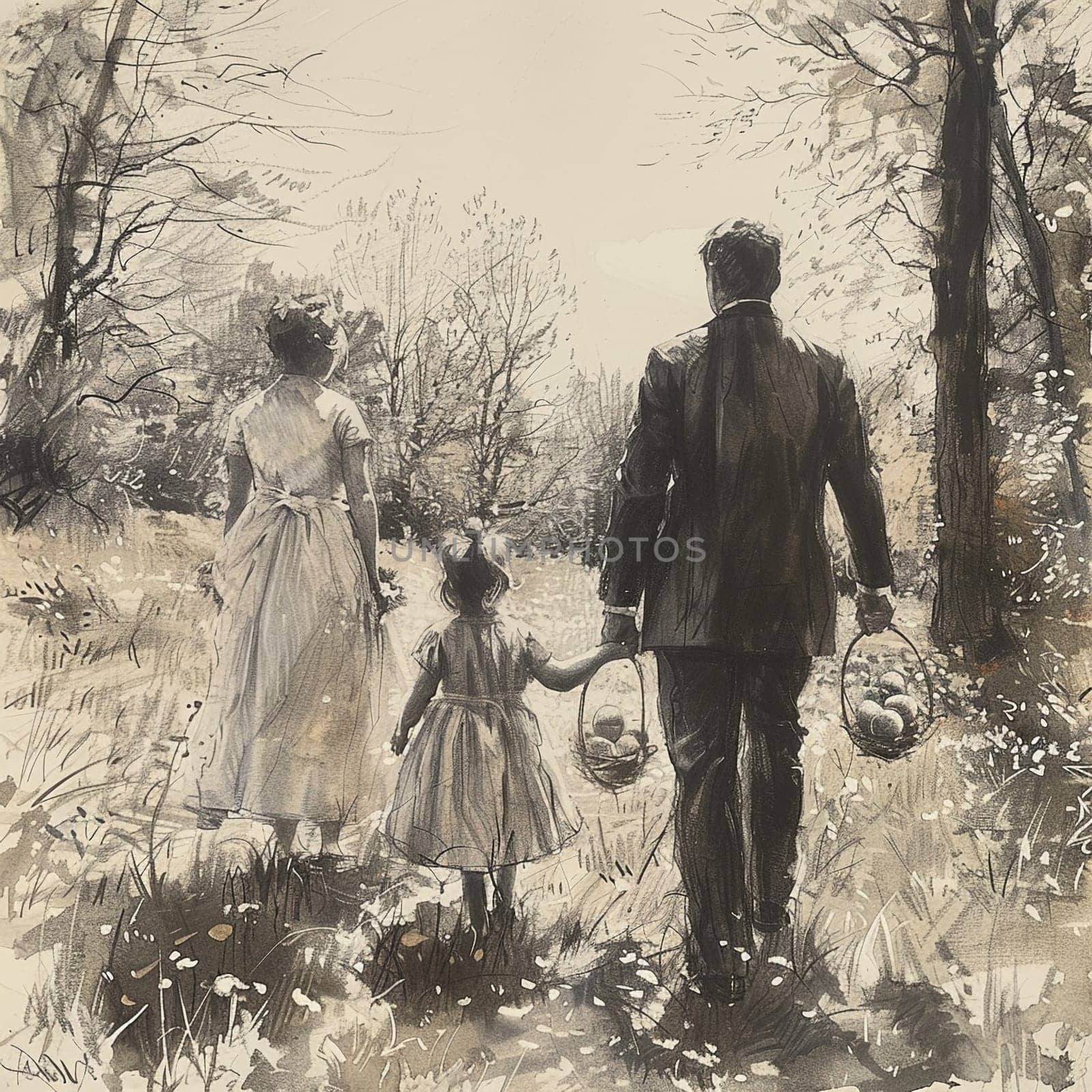 Charcoal sketch of peaceful Easter morning with family finding eggs in their garden. by Benzoix