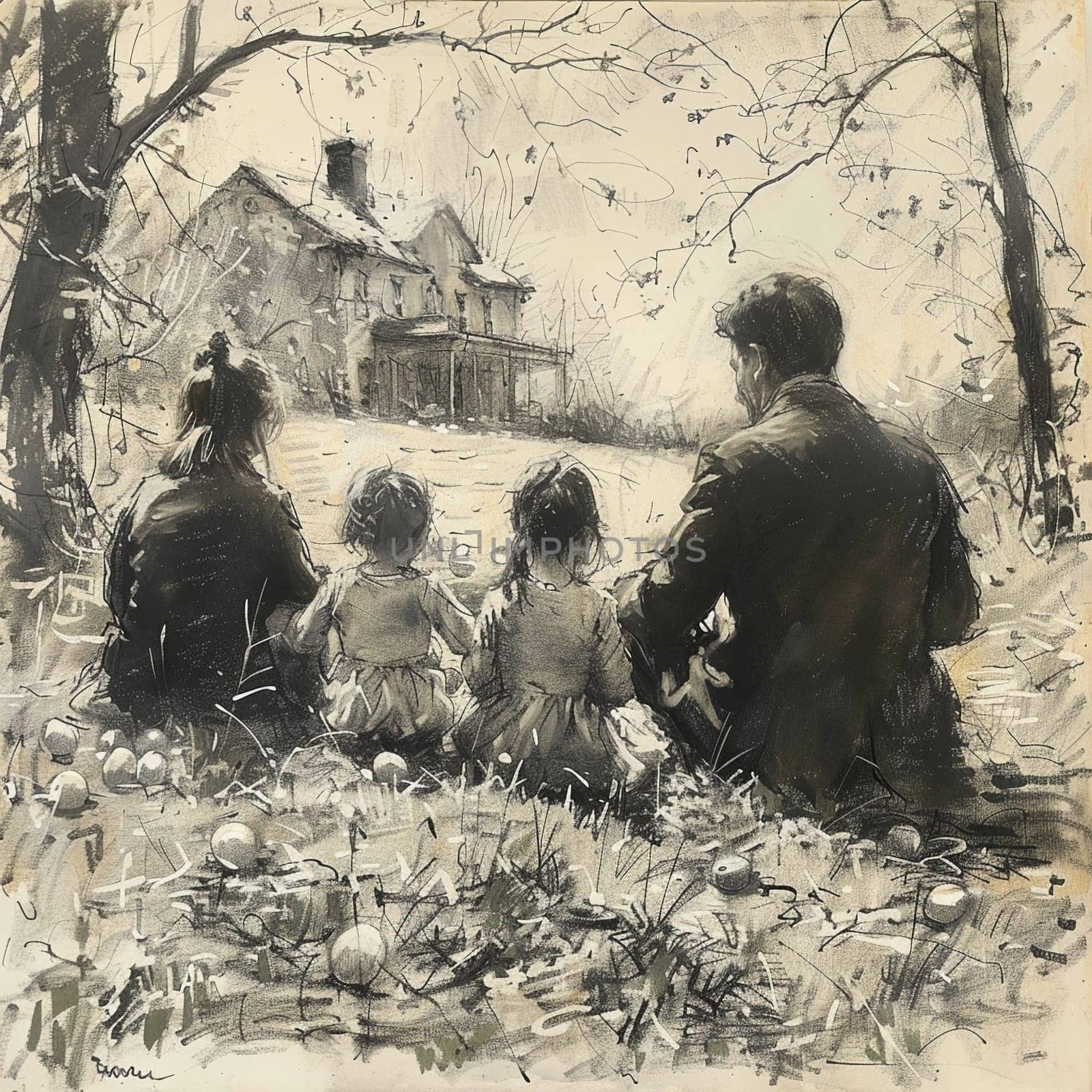 Charcoal sketch of peaceful Easter morning with family finding eggs in their garden