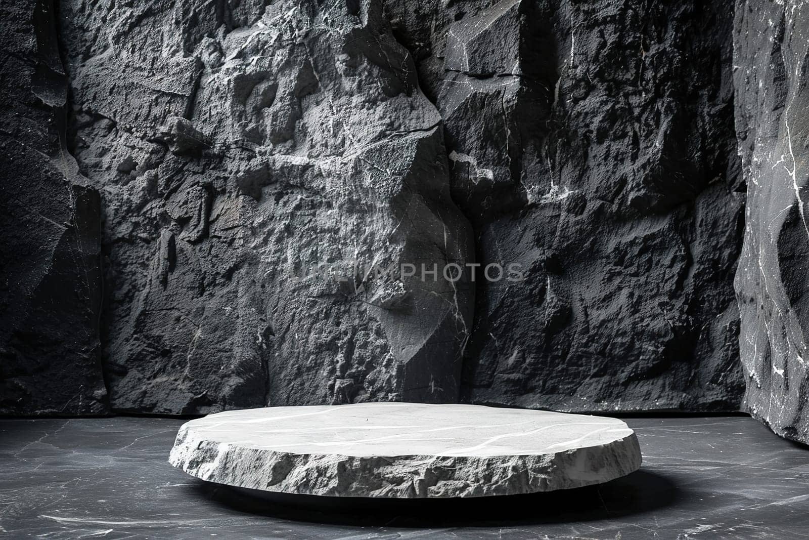 Minimalistic stone podium. Mock up for product, cosmetic presentation. Pedestal, platform for beauty products. Empty scene. Stage, display, showcase. Nordic style. Copy space. Generative AI