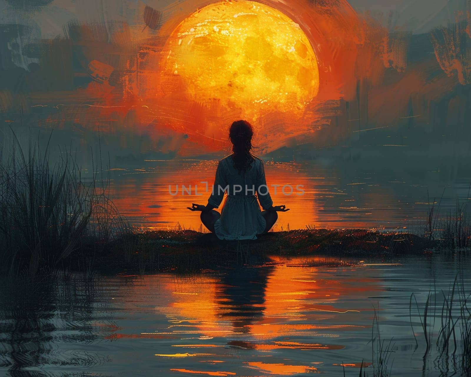 Digital art piece of people around globe turning off lights for EarthSerene painting of woman practicing yoga by lake at dawn by Benzoix