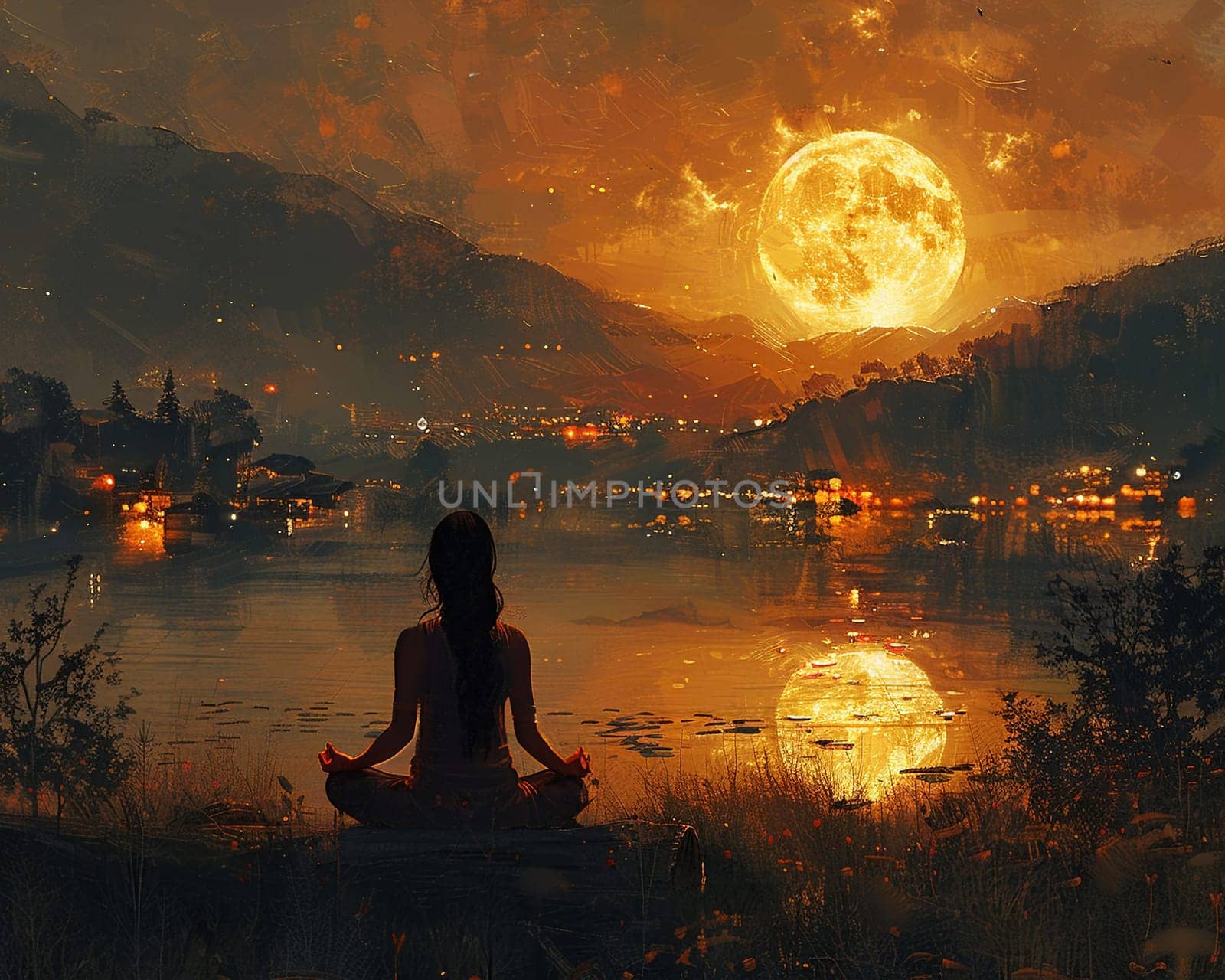 Digital art piece of people around globe turning off lights for EarthSerene painting of woman practicing yoga by lake at dawn by Benzoix