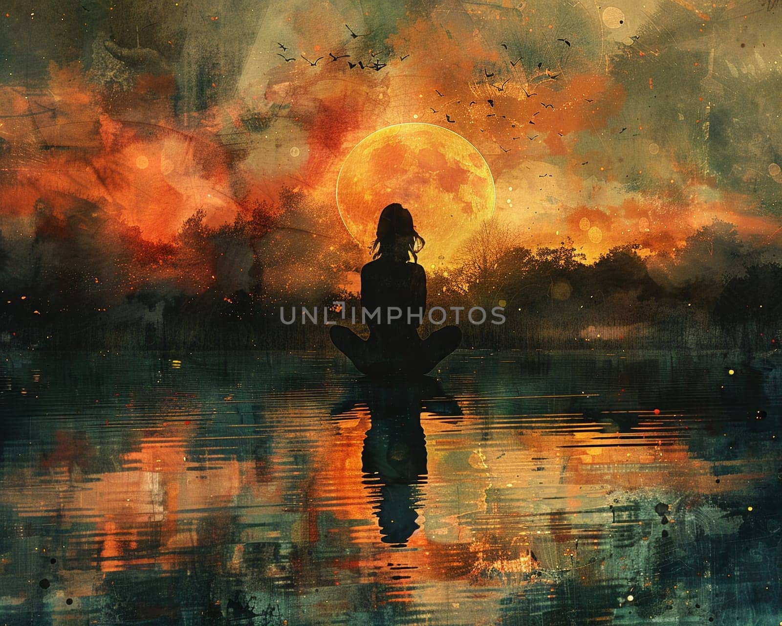 Digital art piece of people around globe turning off lights for EarthSerene painting of woman practicing yoga by lake at dawn, celebrating Women's Day.