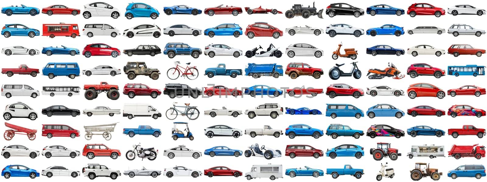 108 cars and various vehicles set of sedan, sports car, super car, bus, electric car, race car and other motor vehicles, many car photo collection set on isolated background AIG44