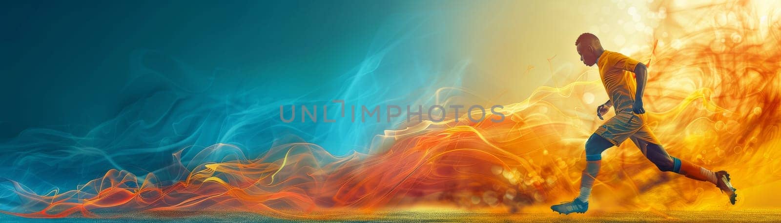 A soccer player is kicking a ball on a field with a blue and orange background by itchaznong