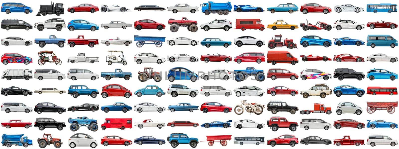 108 cars and various vehicles set of sedan, sports car, super car, bus, electric car, race car and other motor vehicles, many car photo collection set on isolated background AIG44