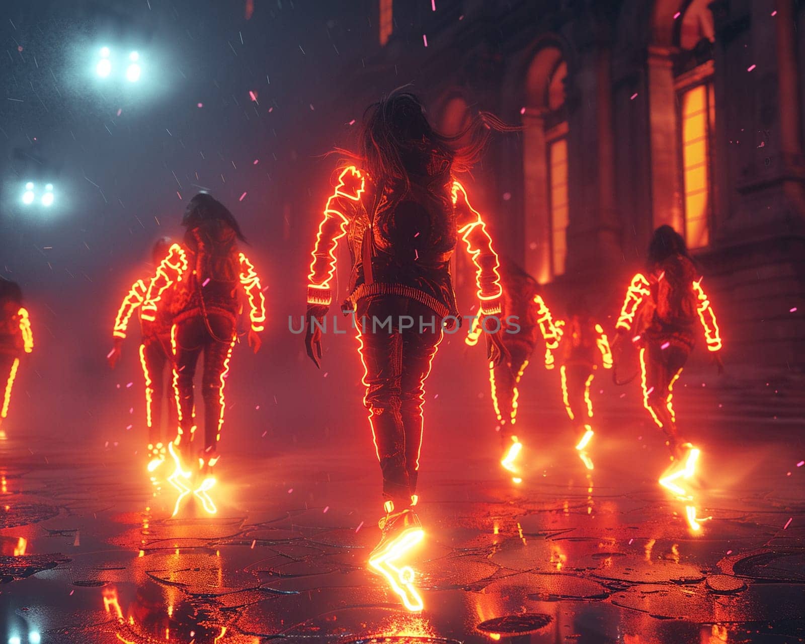 Neon-lit digital artwork of futuristic dance party celebrating Martisor by Benzoix