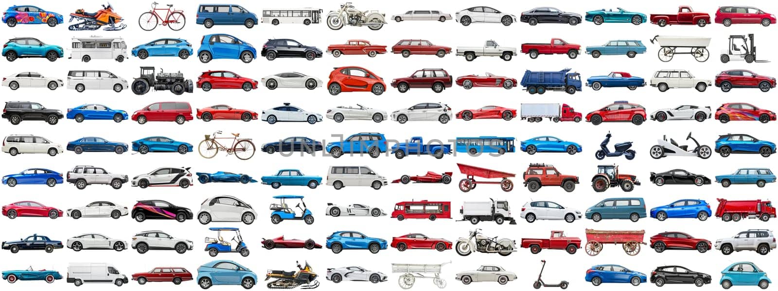 108 cars and various vehicles set of sedan, sports car, super car, bus, electric car, race car and other motor vehicles, many car photo collection set on isolated background AIG44
