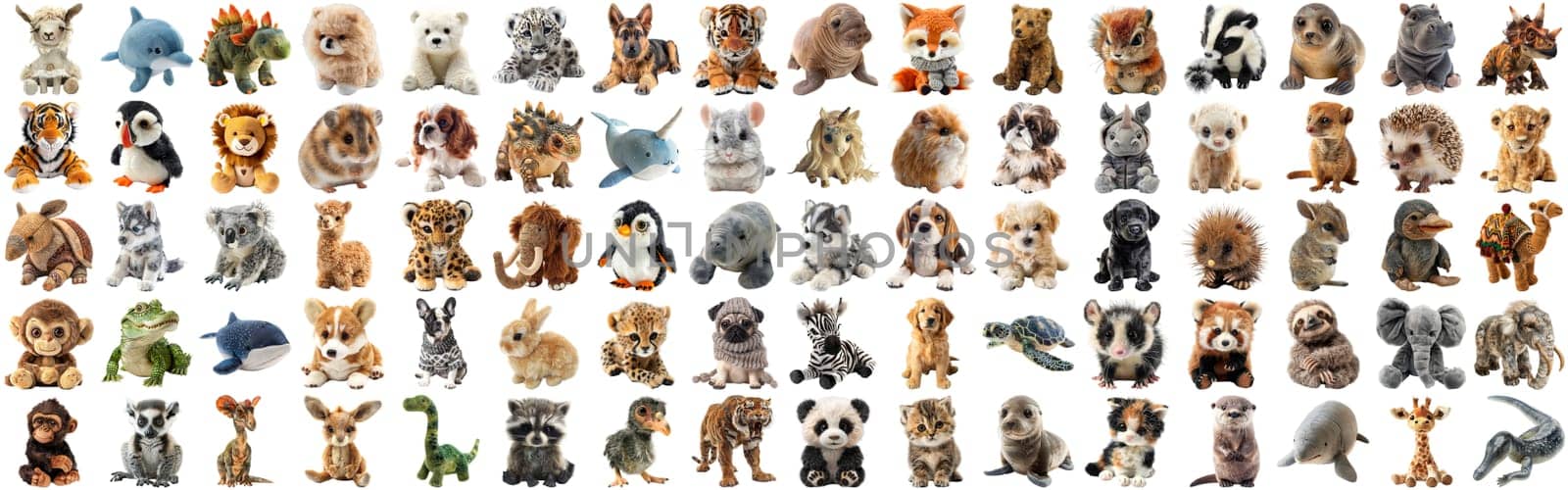 Big set of cute fluffy animal dolls for children toys, isolated background AIG44 by biancoblue
