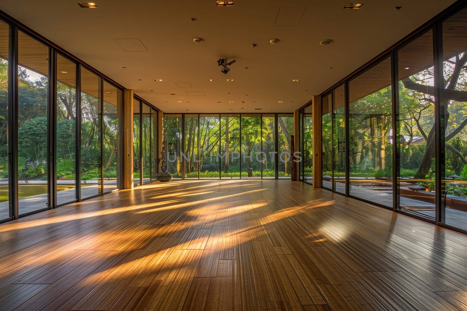 A large room with wooden floors and lots of windows. The room is empty and the sunlight is shining through the windows
