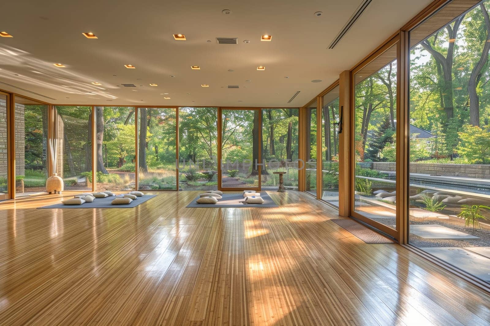 A large room with wooden floors and lots of windows. The room is empty and has a peaceful, calming atmosphere