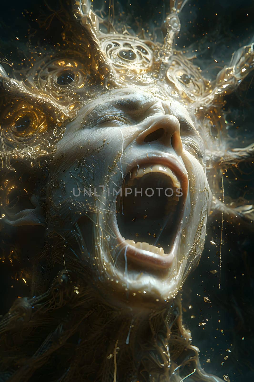 An art piece featuring a fictional character with a jaw wide open, showing fangs, ready to shout or roar. The scene could be underwater or terrestrial, capturing the intensity of the moment