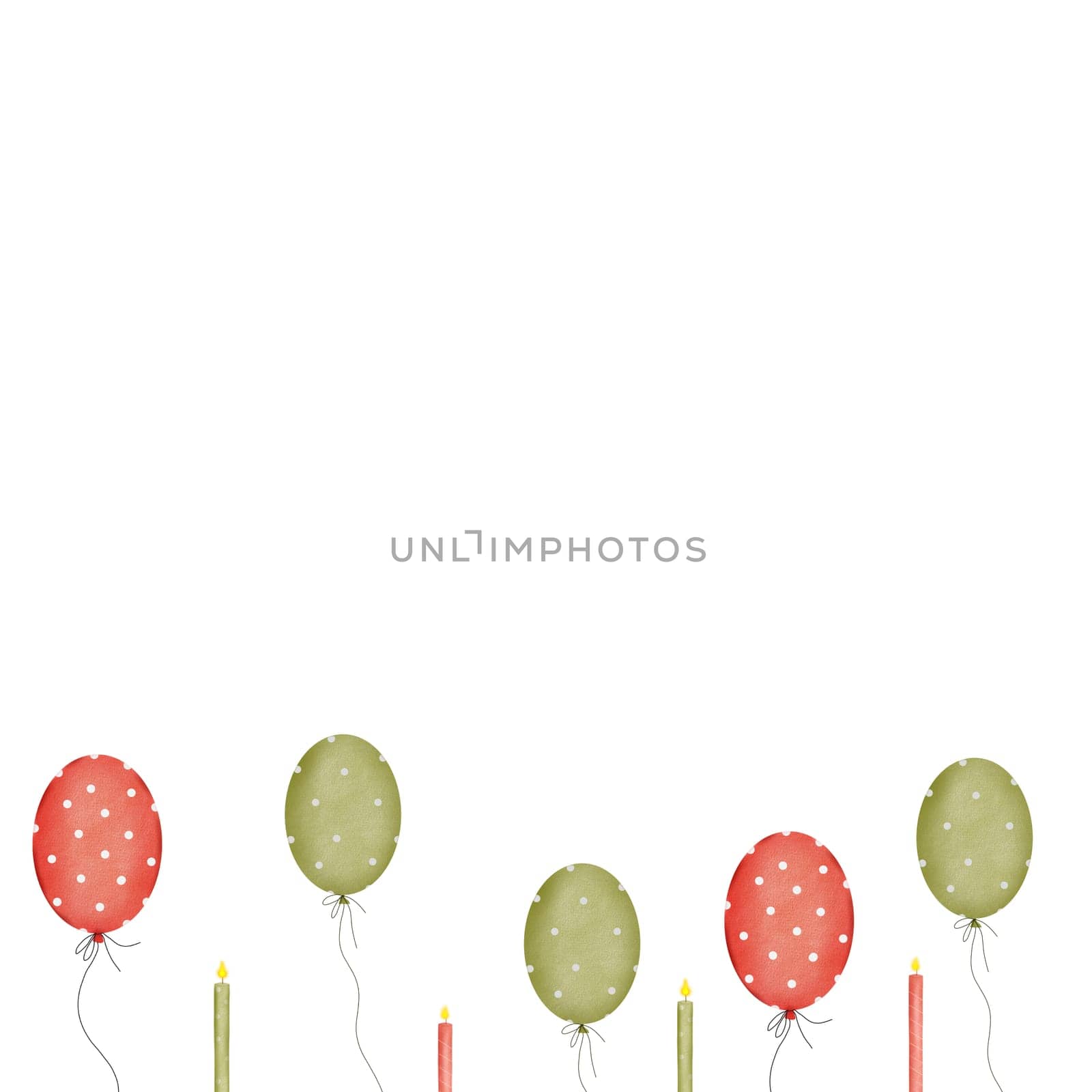 Balloons with candles postcard template. Hand drawn watercolor illustration for baby shower and birthday party on isolated background. Baby drawing for invitations and greeting cards. Bright festive clip art. High quality illustration