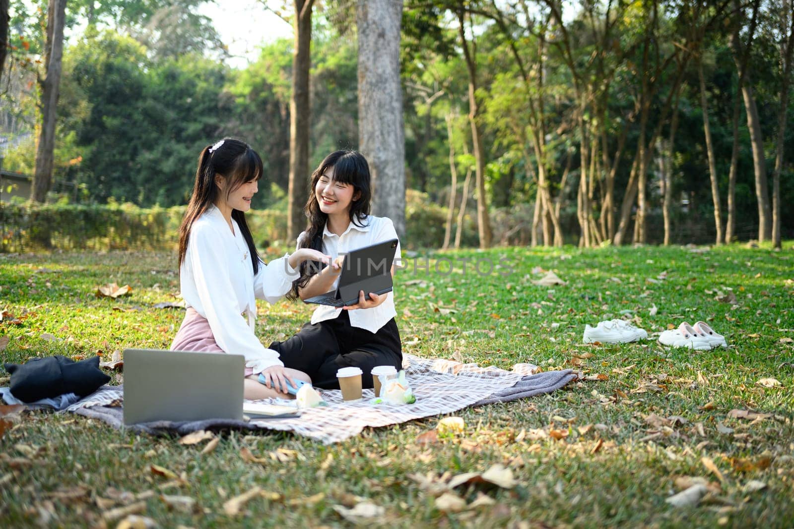 Two smiling female coworkers using digital tablet on grass in the city park.