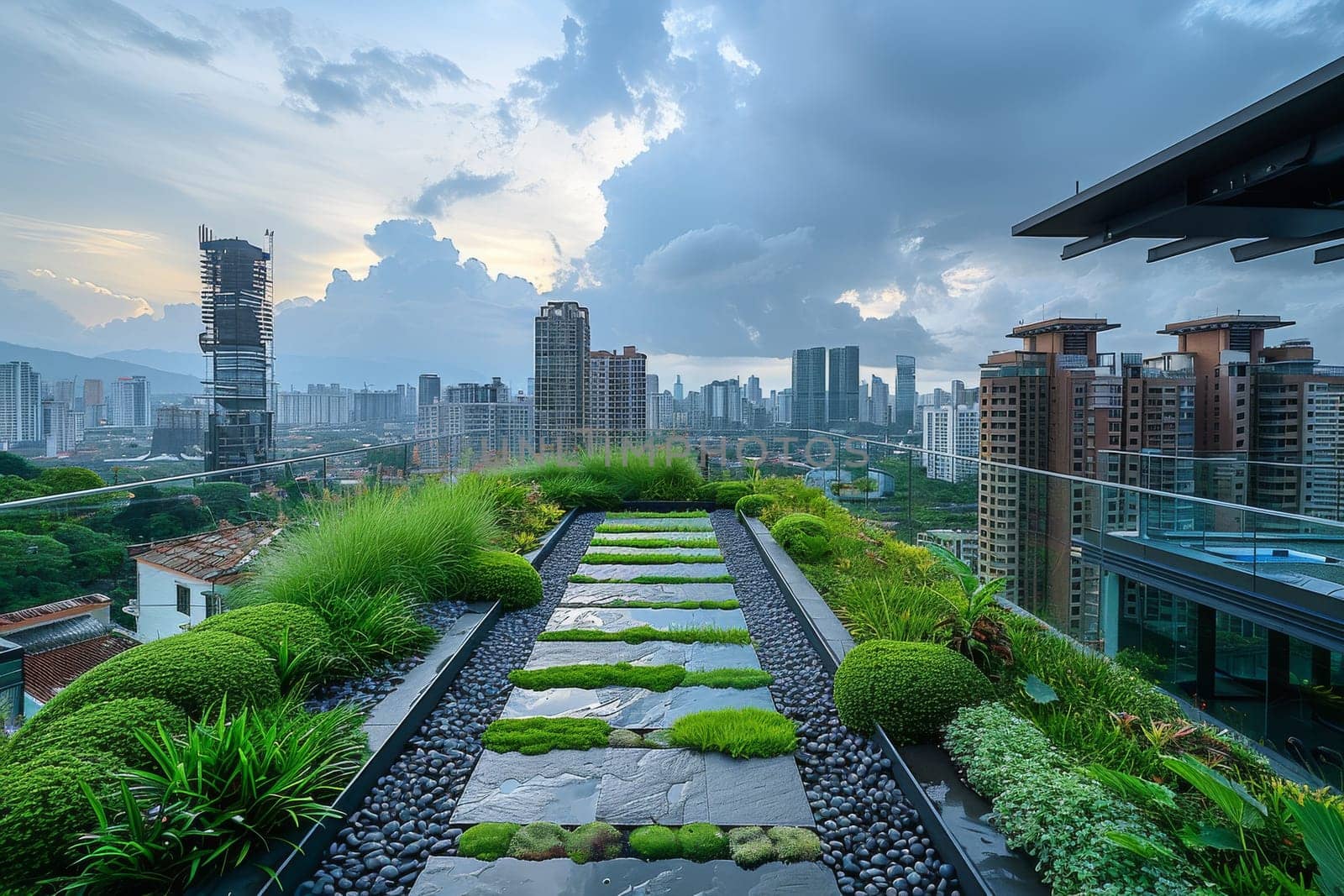A cityscape with a rooftop garden filled with various vegetables and plants by itchaznong
