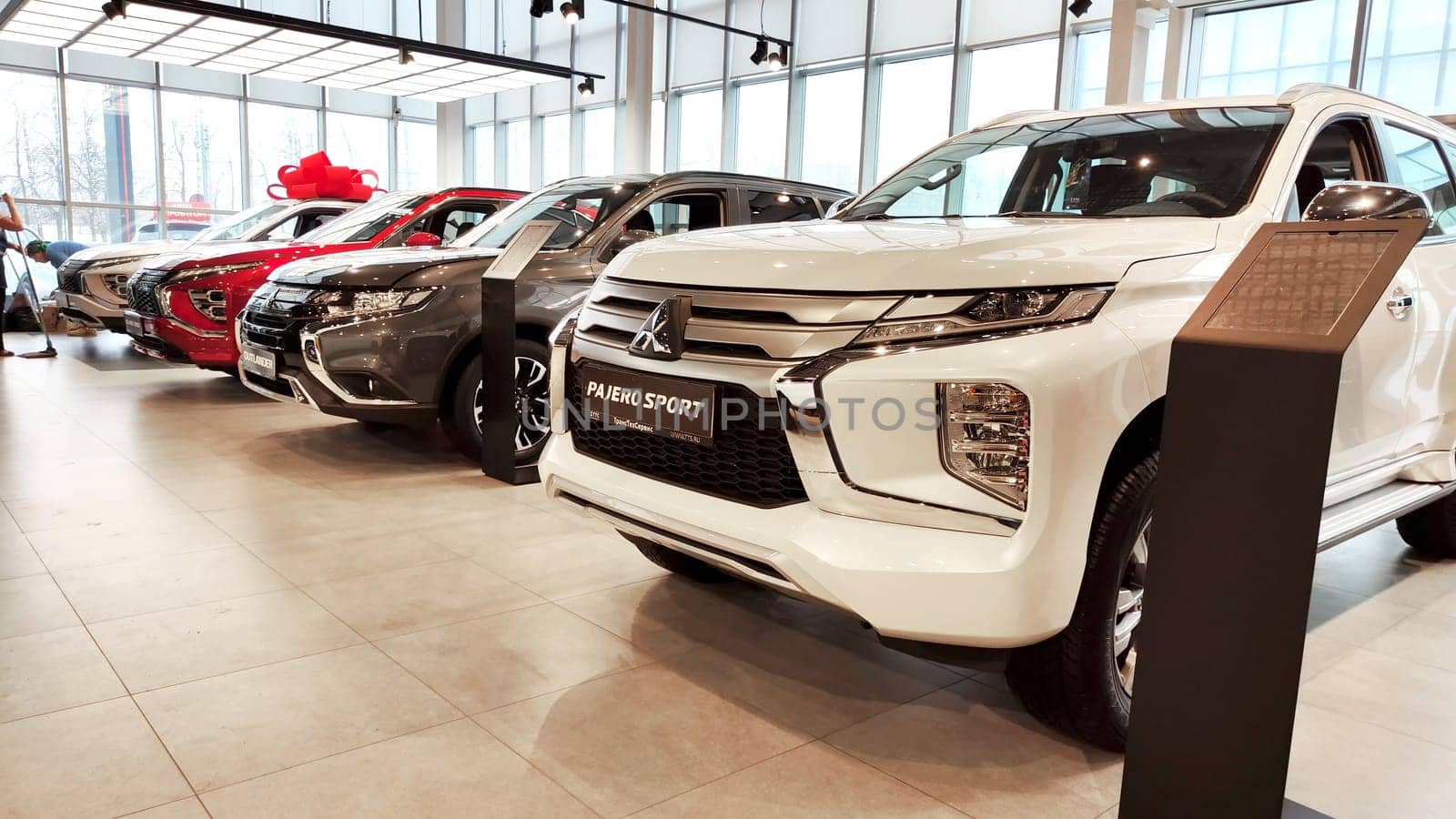 Cheboksary, Russia - March 20, 2023: Cars in showroom of dealership Mitsubishi