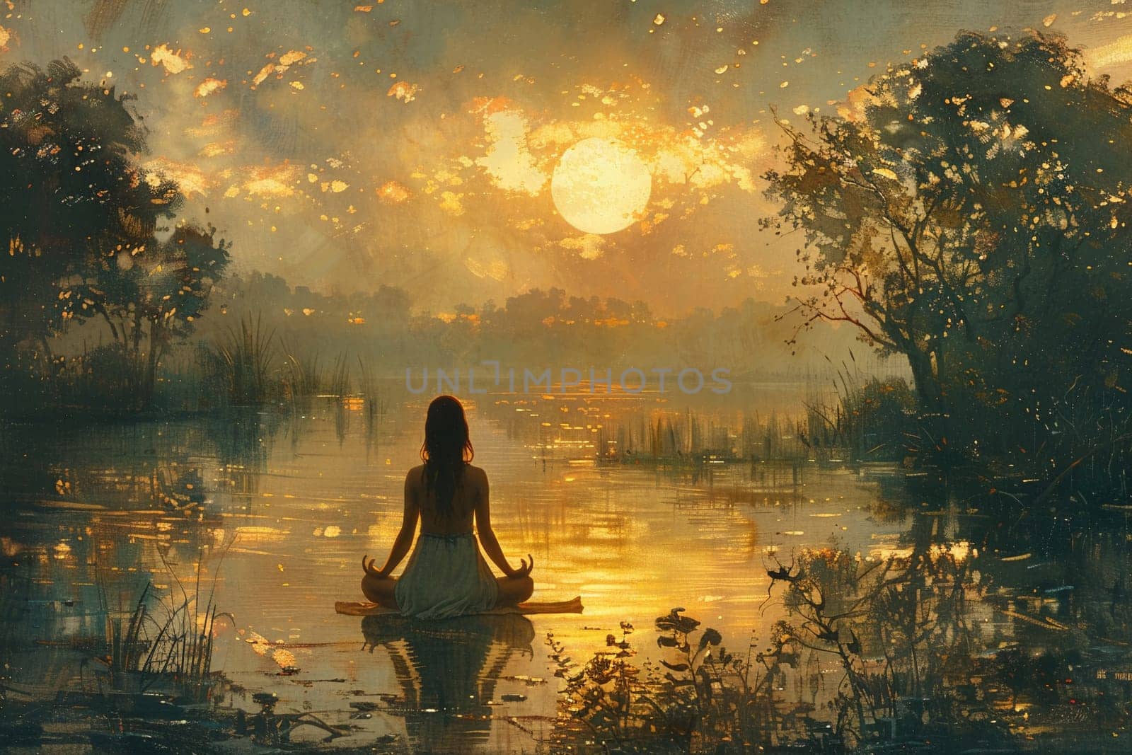 Serene painting of woman practicing yoga by lake at dawn by Benzoix