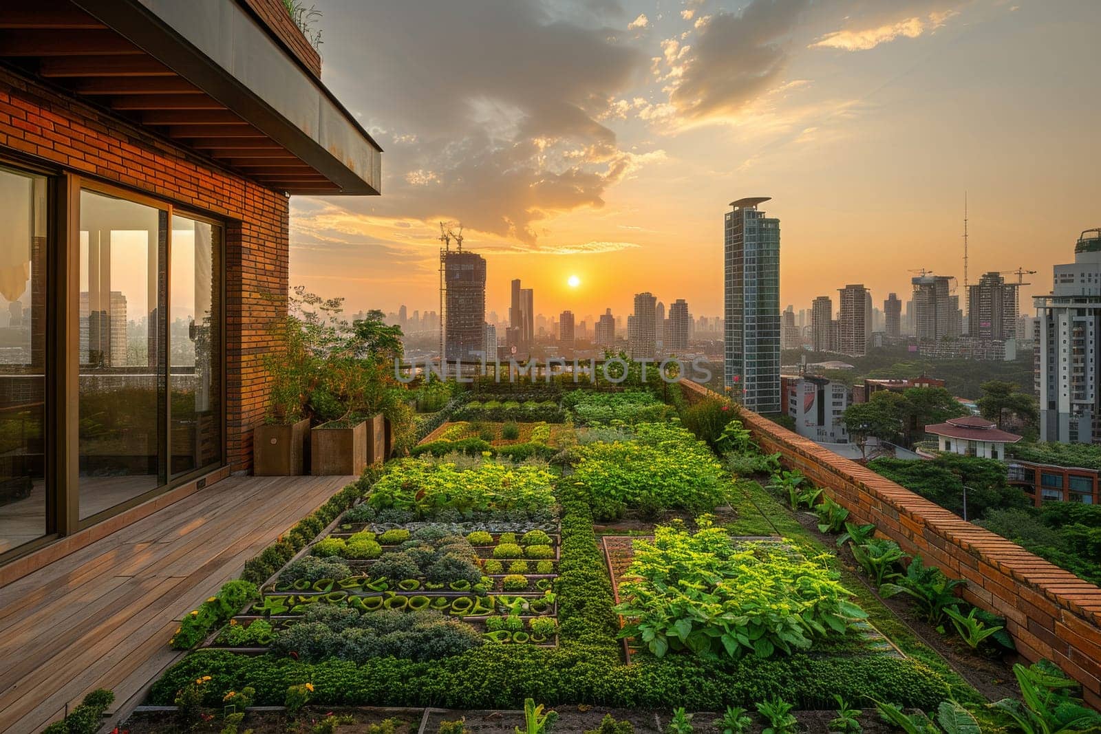 A rooftop garden with a view of the city and a sunset. The garden is filled with various plants and flowers, creating a peaceful and serene atmosphere. The sunset adds a warm