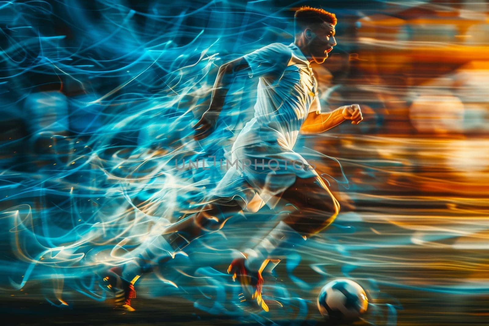 A soccer player is kicking a ball on a field with a blue and orange background. Concept of energy and excitement, as the player is in motion